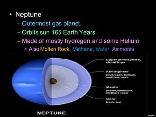 • Neptune
– Outermost gas planet.
– Orbits sun 165 Earth Years
– Made of mostly hydrogen and some Helium
• Also Molten Rock, Methane, Water, Ammonia
– Winds of 1,200 mph
– 4 faint rings
– 13 Moons
Copyright © 2010 Ryan P. Murphy
 