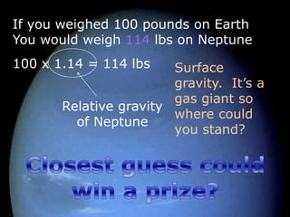 If you weighed 100 pounds on Earth
You would weigh 114 lbs on Neptune
100 x 1.14 = 114 lbs
Relative gravity
of Neptune
Surface
gravity. It’s a
gas giant so
where could
you stand?
 