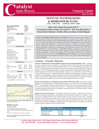 C                      atalyst
                       Equity Research

                                                                                        NEPTUNE TECHNOLOGIES
                                                                                         & BIORESSOURCES INC.
                                                                                                                                          Company Update
                                                                                                                                                            June 18, 2012



                                                                                          (TSX : NTB $3.96             NASDAQ : NEPT $3.86)
Recommendation:                               BUY
Target Price:                                 C$8.75                              Share Price Target Increased to $8.75
Prior Target Price:                           C$7.00                Leveraged to Clinical Trials For CaPre™ - The Next Blockbuster!
Risk:                                         High
                                                                    Nutraceutical Outlook is Positive Driven by Sales & Solid Margins
                        Market Data

Current Price                                 $3.96                Neptune Technologies & Bioressources Inc. (Neptune) develops and commercializes products for
52-Wk Range                                   $2.25-4.02           the nutraceutical, medical food, functional food and over-the-counter (OTC) markets. Neptune’s
Mkt. Cap. (mm)                                $197                 products are based on Omega-3 fatty acid phospholipids extracted from Antarctic krill, a tiny crusta-
Dividend                                      $0                   cean. Pre-clinical and initial clinical testing have shown NKO™ (Neptune Krill Oil) to be beneficial
Yield                                         0%                   in LDL & triglyceride reduction as well as HDL elevation, all of which are essential in treating
                                                                   chronic cardiovascular conditions. In addition, Neptune focuses on inflammatory and neurological
                       Financial Data
                                                                   disease management. Neptune has two subsidiaries, Acasti Pharma Inc. (Acasti, APO – TSX.V) and
Fiscal Y/E                                    February 28          NeuroBioPharm Inc. (NeuroBioPharm). Acasti (57% owned) is developing a product portfolio
S/O Basic (mm)                                49.7                 focused on treatments for chronic cardiovascular conditions within the OTC, medical food and pre-
Shares O/S f.d. (mm)                          52.8                 scription drug markets. Acasti’s drug candidate, CaPre™, leverages off NKO™ and is conducting
Total Debt (mm)                               $5.7                 a Phase II clinical trial in Canada. NeuroBioPharm (100% owned) is pursuing pharmaceutical
2012 Sales (mm)                               $19.1                and medical food neurological applications aimed to improve the cognitive and emotional health of
2013 Sales Est. (mm)                          $28.0                children and adults.
2014 Sales Est. (mm)                          $36.0

                      Estimates (f.d.)
                                                                 Conclusion – Strong Buy Maintained
                                                                 Neptune’s management has made significant progress in increasing shareholder value. In addition
Year                2012A                  2013E 2014E           to having a strong cash position, Neptune has: (i) initiated a Phase II clinical trial and an open label trial,
Adj. EBITDA/Shr.(1) $0.06                   $0.12   $0.16        through its subsidiary Acasti, for the drug candidate CaPre™, (ii) secured distribution agreements in the
EPS                 $(0.04)                $(0.06) $(0.14)       U.S. and Canada which have placed Neptune’s nutraceutical products in major retailers such as Walmart,
                                                                 Walgreen, CVS and Shoppers Drug Mart, (iii) aggressively pursued its Intellectual Property rights, (iv)
                          Valuations                             initiated construction to double the Sherbrooke plant capacity, (v) secured orders to almost fully uti-
                                                                 lize the additional capacity, (vi) initiated management changes clearly addressing it’s future as a global
Year               2012A                    2013E        2014E   competitor, including adding valuable human resources such as Dr. Harlan Waksal, founder of ImClone
Adj. P/EBITDA Mult. 65.0x                   32.9x        24.6x   Systems, as well as NFL football legion, John Elway, and (vii) generated positive nutraceutical cash flow
EV/Revenue Mult.    10.2x                    7.0x         5.4x
                                                                 at higher than expected margins with even better results expected over the next two years.
(1) Adjusted EBITDA - see Financial Forecast
                                                                 We have revised Neptune’s 12-month share price target to $8.75 from $7.00. This increase is driven
                                                                 largely by our recent de-risking of Acasti’s potential success in its clinical trials for its drug candidate,
Neptune Technologies & Bioressources Inc.                        CaPre™. By marginally lowering our discount rate to 30% from 35% in our discounted cash flow model,
                                                                 our Acasti share valuation increased to $4.50 from $2.75. Furthermore, strong global demand for krill oil
                                                                 is expected to generate increased sales for Neptune’s nutraceutical business which has resulted in a higher
                                                                 valuation for that business as well.

                                                                 Neptune has many moving parts. The important message for investors to understand is that each of
                                                                 Neptune’s operating components has the potential to add exceptional leverage to its valuation. Look-
                                                                 ing out 6 to 12 months, investors will no doubt continue to focus on Acasti’s clinical trials. Assuming
                                                                 successful CaPre™ clinical trial results that we expect to be released later this year, our discount rate
                                                                 assumption, as illustrated in Figure 2, could drop even further to potentially 20% from 30% currently.
Chart Courtesy Big Charts                                        This lower discount rate would impute an additional $3.25 per Neptune share and would put our expected
                                                                 valuation target for Neptune closer to $12.00 per share.
Robin Cornwell
416-910-7985
                                                                             Figure 1: Neptune Share Valuation
rcornwell@catalystresearch.ca                                                Neptune Major Components Enterprise Value % Ownership Assumed         Per Neptune Share
Notes:                                                                       Nutraceutical Operations        $200 million          100%                  $4.00
All figures in Canadian dollars, unless otherwise specified.                 Acasti Pharma Inc.              $325 million          57%                   $3.75
                                                                             NeuroBioPharma Inc.               $50 million         100%                  $1.00
Please see the final pages of this document for important
disclosure information.                                                                                                                                  $8.75



                                     Catalyst Equity Research Inc. 99A Walmer Road, Toronto, ON Canada M5R 2X6
                                     Tel: (416) 910-7985 rcornwell@catalystresearch.ca www.catalystresearch.ca
 