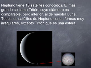 Neptuno tiene 13 satélites conocidos. El más
grande se llama Tritón, cuyo diámetro es
comparable, pero inferior, al de nuestra Luna.
Todos los satélites de Neptuno tienen formas muy
irregulares, excepto Tritón que es una esfera.
 