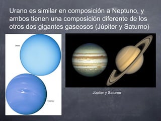 Urano es similar en composición a Neptuno, y
ambos tienen una composición diferente de los
otros dos gigantes gaseosos (Júpiter y Saturno)




                           Júpiter y Saturno
 