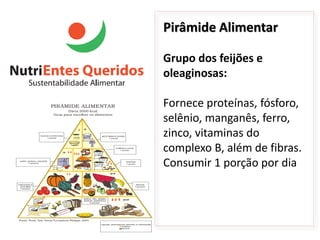 Pirâmide Alimentar

Grupo dos feijões e
oleaginosas:

Fornece proteínas, fósforo,
selênio, manganês, ferro,
zinco, vitaminas do
complexo B, além de fibras.
Consumir 1 porção por dia
 