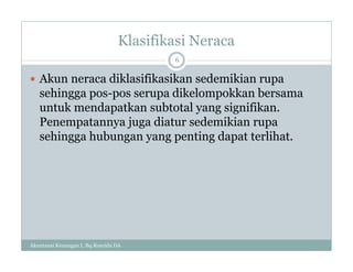 Klasifikasi Neraca
Akuntansi Keuangan I, Bq Rosyida DA
6
 Akun neraca diklasifikasikan sedemikian rupa
sehingga pos-pos serupa dikelompokkan bersama
untuk mendapatkan subtotal yang signifikan.
Penempatannya juga diatur sedemikian rupa
sehingga hubungan yang penting dapat terlihat.
 