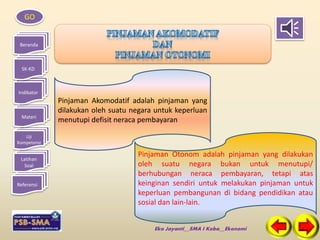 GO 
Beranda 
SK-KD 
Indikator 
Materi 
Uji 
Kompetensi 
Latihan 
Soal 
Referensi 
Pinjaman Akomodatif adalah pinjaman yang 
dilakukan oleh suatu negara untuk keperluan 
menutupi defisit neraca pembayaran 
Pinjaman Otonom adalah pinjaman yang dilakukan 
oleh suatu negara bukan untuk menutupi/ 
berhubungan neraca pembayaran, tetapi atas 
keinginan sendiri untuk melakukan pinjaman untuk 
keperluan pembangunan di bidang pendidikan atau 
sosial dan lain-lain. 
Eka Jayanti__SMA I Koba__Ekonomi 
 
