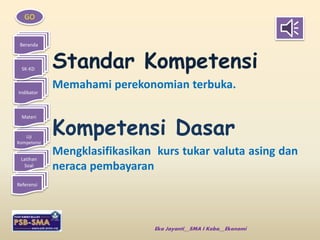 GO 
Beranda 
SK-KD 
Indikator 
Materi 
Uji 
Kompetensi 
Latihan 
Soal 
Referensi 
Standar Kompetensi 
Memahami perekonomian terbuka. 
Kompetensi Dasar 
Mengklasifikasikan kurs tukar valuta asing dan 
neraca pembayaran 
Eka Jayanti__SMA I Koba__Ekonomi 
 