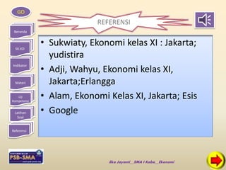 GO 
Beranda 
SK-KD 
Indikator 
Materi 
Uji 
Kompetensi 
Latihan 
Soal 
Referensi 
REFERENSI 
• Sukwiaty, Ekonomi kelas XI : Jakarta; 
yudistira 
• Adji, Wahyu, Ekonomi kelas XI, 
Jakarta;Erlangga 
• Alam, Ekonomi Kelas XI, Jakarta; Esis 
• Google 
Eka Jayanti__SMA I Koba__Ekonomi 
 