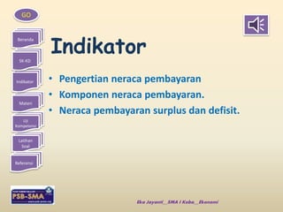 GO 
Beranda 
SK-KD 
Indikator 
Materi 
Uji 
Kompetensi 
Latihan 
Soal 
Referensi 
Indikator 
• Pengertian neraca pembayaran 
• Komponen neraca pembayaran. 
• Neraca pembayaran surplus dan defisit. 
Eka Jayanti__SMA I Koba__Ekonomi 
 