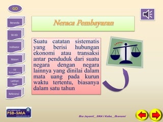 GO 
Beranda 
SK-KD 
Indikator 
Materi 
Uji 
Kompetensi 
Latihan 
Soal 
Referensi 
Suatu catatan sistematis 
yang berisi hubungan 
ekonomi atau transaksi 
antar penduduk dari suatu 
negara dengan negara 
lainnya yang dinilai dalam 
mata uang pada kurun 
waktu tertentu, biasanya 
dalam satu tahun 
Eka Jayanti__SMA I Koba__Ekonomi 
 