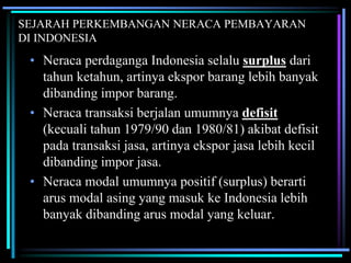 SEJARAH PERKEMBANGAN NERACA PEMBAYARAN
DI INDONESIA
• Neraca perdaganga Indonesia selalu surplus dari
tahun ketahun, artinya ekspor barang lebih banyak
dibanding impor barang.
• Neraca transaksi berjalan umumnya defisit
(kecuali tahun 1979/90 dan 1980/81) akibat defisit
pada transaksi jasa, artinya ekspor jasa lebih kecil
dibanding impor jasa.
• Neraca modal umumnya positif (surplus) berarti
arus modal asing yang masuk ke Indonesia lebih
banyak dibanding arus modal yang keluar.
 