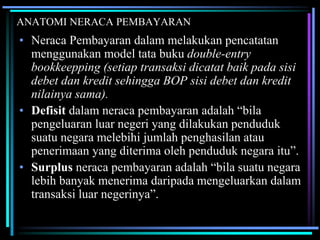 ANATOMI NERACA PEMBAYARAN
• Neraca Pembayaran dalam melakukan pencatatan
menggunakan model tata buku double-entry
bookkeepping (setiap transaksi dicatat baik pada sisi
debet dan kredit sehingga BOP sisi debet dan kredit
nilainya sama).
• Defisit dalam neraca pembayaran adalah “bila
pengeluaran luar negeri yang dilakukan penduduk
suatu negara melebihi jumlah penghasilan atau
penerimaan yang diterima oleh penduduk negara itu”.
• Surplus neraca pembayaran adalah “bila suatu negara
lebih banyak menerima daripada mengeluarkan dalam
transaksi luar negerinya”.
 
