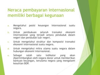 Neraca pembayaran internasional
memiliki berbagai kegunaan
a. Mengetahui posisi keuangan internasional suatu
negara.
b. Untuk pembukuan seluruh transaksi ekonomi
internasional yang terjadi antara penduduk dalam
negeri dan penduduk luar negeri.
c. Untuk mengetahui struktur dan komposisi transaksi
ekonomi internasional suatu negara.
d. Untuk mengetahui mitra utama suatu negara dalam
hubungan ekonomi internasional.
e. Sebagai salah satu indikator yang akan
dipertimbangkan oleh negara donor untuk memberikan
bantuan keuangan, terutama negara yang mengalami
kesulitan BOP.
 