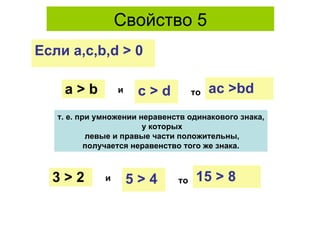 Свойство 5 а  >   b с   >   d и то ac  >bd т. е. при умножении неравенств одинакового знака, у которых левые и правые части положительны, получается неравенство того же знака.   Если а, c , b , d >  0 3  >  2 5   >  4 и то 15   >  8 