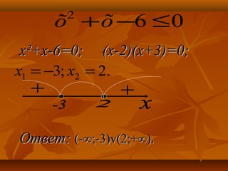 062
≤−+õõ
xx²+x-6=0²+x-6=0; (х-2)(х+3)=0;; (х-2)(х+3)=0;
Ответ:Ответ: (-∞;-3)(-∞;-3)vv(2;+∞).(2;+∞).
.2;3 21 =−= xx
 