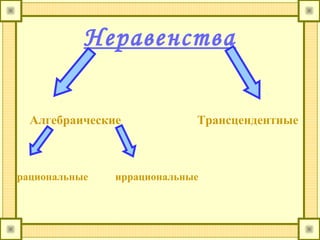 Неравенства
Алгебраические Трансцендентные
рациональные иррациональные
 