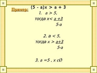 (5 - a)x > a + 3
1. a > 5,
<тогда х a +3
5-a
2. а < 5,
тогда x > a+3
5-a
3. a =5 , x єØ
Пример:Пример:
 