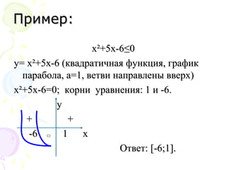 Пример:Пример:
хх²²+5х-6+5х-6≤0≤0
yy= х= х²²+5х-6 (квадратичная функция, график+5х-6 (квадратичная функция, график
парабола, а=1, ветви направлены вверх)парабола, а=1, ветви направлены вверх)
хх²²+5х-6=0; корни уравнения: 1 и -6.+5х-6=0; корни уравнения: 1 и -6.
уу
++ ++
-6-6 11 xx
Ответ:Ответ: [-6;1[-6;1].].
 