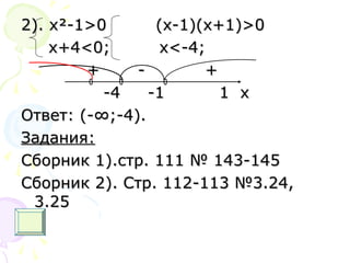 2). х2). х²²-1-1>0 (x-1)(x+1)>0>0 (x-1)(x+1)>0
x+4<0; x<-4;x+4<0; x<-4;
+ - ++ - +
-4 -1 1 x-4 -1 1 x
Ответ: (-∞;-4).Ответ: (-∞;-4).
Задания:Задания:
Сборник 1).стр. 111 № 143-145Сборник 1).стр. 111 № 143-145
Сборник 2). Стр. 112-113 №3.24,Сборник 2). Стр. 112-113 №3.24,
3.253.25
 