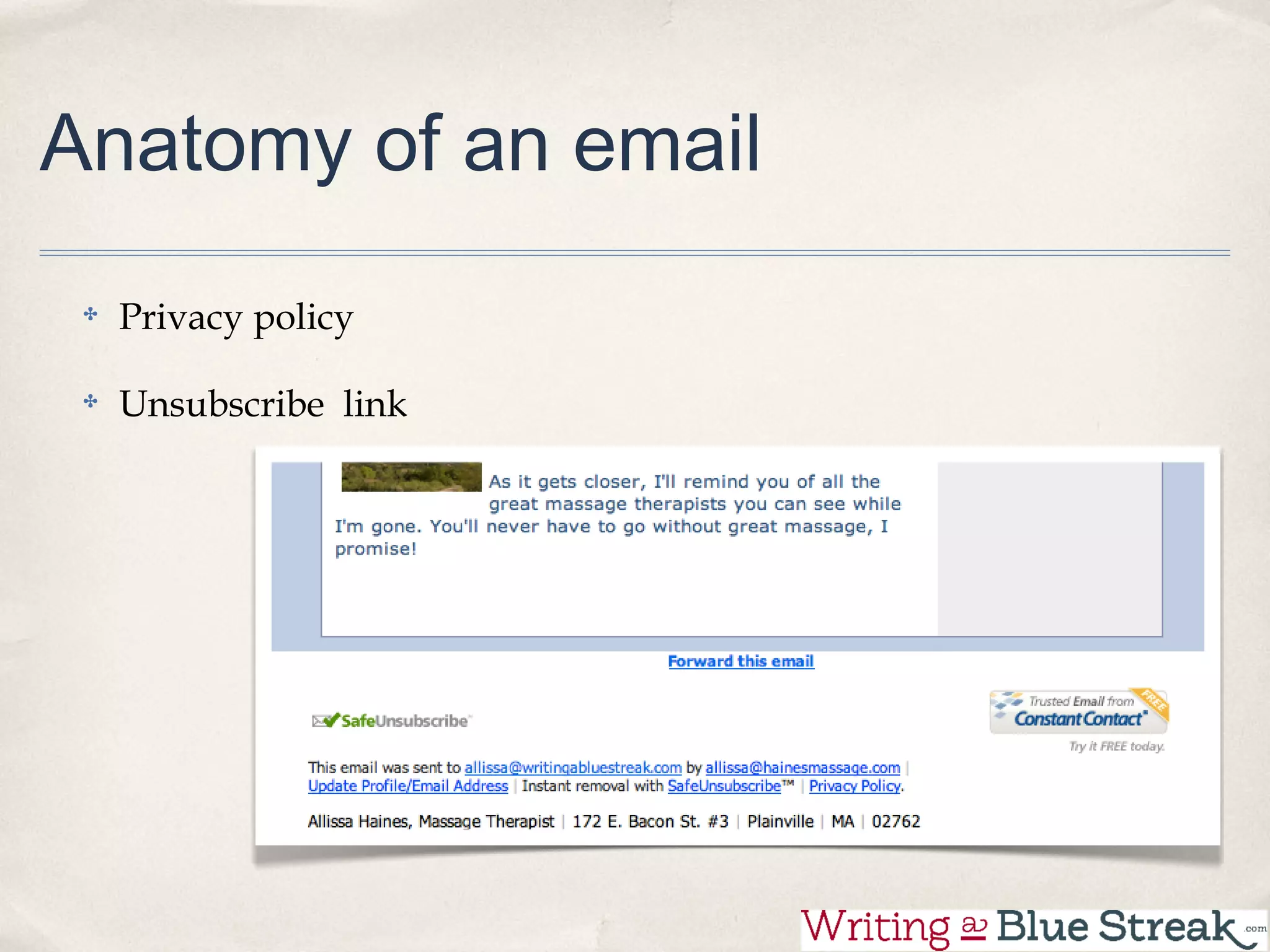 Anatomy of an email

  Privacy policy

  Unsubscribe link
 