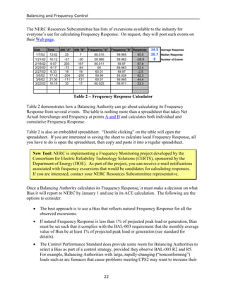 Balancing and Frequency Control
22
The NERC Resources Subcommittee has lists of excursions available to the industry for
everyone’s use for calculating Frequency Response. On request, they will post such events on
their Web page.
Date Time ANI "A" ANI "B" Frequency "A" Frequency "B" Response 34.9 Average Response
1/7/02 13:02 25 7 60.010 59.965 40.0 36.7 Median Response
1/21/02 16:12 -37 -30 59.980 59.962 -38.9 8 Number of Events
2/16/02 6:07 203 167 60.011 59.97 87.8
2/22/02 9:17 -72 -84 60 59.963 32.4
2/27/02 6:33 18 19 60.01 59.97 -2.5
3/5/02 17:15 -204 -255 59.99 59.928 82.3
3/9/02 21:30 -111 -131 60.01 59.965 44.4
3/22/02 16:15 35 17 60.025 59.971 33.3
Table 2 − Frequency Response Calculator
Table 2 demonstrates how a Balancing Authority can go about calculating its Frequency
Response from several events. The table is nothing more than a spreadsheet that takes Net
Actual Interchange and Frequency at points A and B and calculates both individual and
cumulative Frequency Response.
Table 2 is also an embedded spreadsheet. “Double clicking” on the table will open the
spreadsheet. If you are interested in saving the sheet to calculate local Frequency Response, all
you have to do is open the spreadsheet, then copy and paste it into a regular spreadsheet.
Once a Balancing Authority calculates its Frequency Response, it must make a decision on what
Bias it will report to NERC by January 1 and use in its ACE calculation. The following are the
options to consider:
• The best approach is to use a Bias that reflects natural Frequency Response for all the
observed excursions.
• If natural Frequency Response is less than 1% of projected peak load or generation, Bias
must be set such that it complies with the BAL-003 requirement that the monthly average
value of Bias be at least 1% of projected peak load or generation (see standard for
details).
• The Control Performance Standard does provide some room for Balancing Authorities to
select a Bias as part of a control strategy, provided they observe BAL-003 R2 and R5.
For example, Balancing Authorities with large, rapidly-changing (“nonconforming”)
loads such as arc furnaces that cause problems meeting CPS2 may want to increase their
New Tool: NERC is implementing a Frequency Monitoring project developed by the
Consortium for Electric Reliability Technology Solutions (CERTS), sponsored by the
Department of Energy (DOE). As part of the project, you can receive e-mail notifications
associated with frequency excursions that would be candidates for calculating responses.
If you are interested, contact your NERC Resources Subcommittee representative.
 