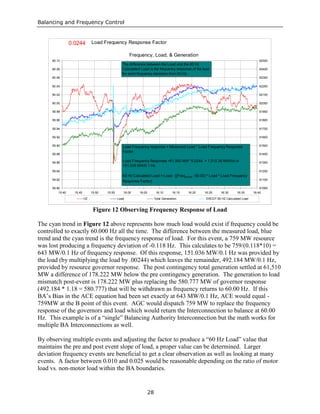 Balancing and Frequency Control
28
59.80
59.82
59.84
59.86
59.88
59.90
59.92
59.94
59.96
59.98
60.00
60.02
60.04
60.06
60.08
60.10
15:40 15:45 15:50 15:55 16:00 16:05 16:10 16:15 16:20 16:25 16:30 16:35 16:40
61000
61100
61200
61300
61400
61500
61600
61700
61800
61900
62000
62100
62200
62300
62400
62500
HZ Load Total Generation ERCOT 60 HZ Calculated Load
Frequency, Load, & Generation
0.0244 Load Frequency Response Factor
Load Frequency response = Measured Load * Load Frequency Response
Factor.
Load Frequency Response =61,900 MW *0.0244 = 1,510.36 MW/Hz or
151.036 MW/0.1 Hz.
60 Hz Calculated Load = Load - [(Freqactual - 60.00) * Load * Load Frequency
Response Factor]
The difference between the Load and the 60 Hz
Calculated Load is the frequency response of the load
for each frequency deviation from 60 Hz.
Figure 12 Observing Frequency Response of Load
The cyan trend in Figure 12 above represents how much load would exist if frequency could be
controlled to exactly 60.000 Hz all the time. The difference between the measured load, blue
trend and the cyan trend is the frequency response of load. For this event, a 759 MW resource
was lost producing a frequency deviation of -0.118 Hz. This calculates to be 759/(0.118*10) =
643 MW/0.1 Hz of frequency response. Of this response, 151.036 MW/0.1 Hz was provided by
the load (by multiplying the load by .00244) which leaves the remainder, 492.184 MW/0.1 Hz,
provided by resource governor response. The post contingency total generation settled at 61,510
MW a difference of 178.222 MW below the pre contingency generation. The generation to load
mismatch post-event is 178.222 MW plus replacing the 580.777 MW of governor response
(492.184 * 1.18 = 580.777) that will be withdrawn as frequency returns to 60.00 Hz. If this
BA’s Bias in the ACE equation had been set exactly at 643 MW/0.1 Hz, ACE would equal -
759MW at the B point of this event. AGC would dispatch 759 MW to replace the frequency
response of the governors and load which would return the Interconnection to balance at 60.00
Hz. This example is of a “single” Balancing Authority Interconnection but the math works for
multiple BA Interconnections as well.
By observing multiple events and adjusting the factor to produce a “60 Hz Load” value that
maintains the pre and post event slope of load, a proper value can be determined. Larger
deviation frequency events are beneficial to get a clear observation as well as looking at many
events. A factor between 0.010 and 0.025 would be reasonable depending on the ratio of motor
load vs. non-motor load within the BA boundaries.
 