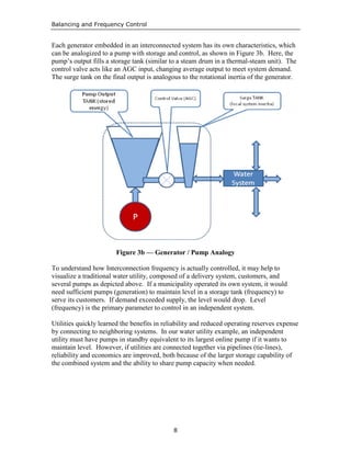 Balancing and Frequency Control
8
Each generator embedded in an interconnected system has its own characteristics, which
can be analogized to a pump with storage and control, as shown in Figure 3b. Here, the
pump’s output fills a storage tank (similar to a steam drum in a thermal-steam unit). The
control valve acts like an AGC input, changing average output to meet system demand.
The surge tank on the final output is analogous to the rotational inertia of the generator.
Figure 3b — Generator / Pump Analogy
To understand how Interconnection frequency is actually controlled, it may help to
visualize a traditional water utility, composed of a delivery system, customers, and
several pumps as depicted above. If a municipality operated its own system, it would
need sufficient pumps (generation) to maintain level in a storage tank (frequency) to
serve its customers. If demand exceeded supply, the level would drop. Level
(frequency) is the primary parameter to control in an independent system.
Utilities quickly learned the benefits in reliability and reduced operating reserves expense
by connecting to neighboring systems. In our water utility example, an independent
utility must have pumps in standby equivalent to its largest online pump if it wants to
maintain level. However, if utilities are connected together via pipelines (tie-lines),
reliability and economics are improved, both because of the larger storage capability of
the combined system and the ability to share pump capacity when needed.
 