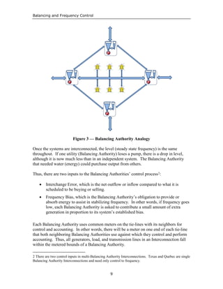 Balancing and Frequency Control
9
Figure 3 — Balancing Authority Analogy
Once the systems are interconnected, the level (steady state frequency) is the same
throughout. If one utility (Balancing Authority) loses a pump, there is a drop in level,
although it is now much less than in an independent system. The Balancing Authority
that needed water (energy) could purchase output from others.
Thus, there are two inputs to the Balancing Authorities’ control process2:
• Interchange Error, which is the net outflow or inflow compared to what it is
scheduled to be buying or selling.
• Frequency Bias, which is the Balancing Authority’s obligation to provide or
absorb energy to assist in stabilizing frequency. In other words, if frequency goes
low, each Balancing Authority is asked to contribute a small amount of extra
generation in proportion to its system’s established bias.
Each Balancing Authority uses common meters on the tie-lines with its neighbors for
control and accounting. In other words, there will be a meter on one end of each tie-line
that both neighboring Balancing Authorities use against which they control and perform
accounting. Thus, all generators, load, and transmission lines in an Interconnection fall
within the metered bounds of a Balancing Authority.
2 There are two control inputs in multi-Balancing Authority Interconnections. Texas and Quebec are single
Balancing Authority Interconnections and need only control to frequency.
 