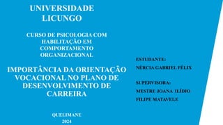 IMPORTÂNCIA DA ORIENTAÇÃO
VOCACIONAL NO PLANO DE
DESENVOLVIMENTO DE
CARREIRA
CURSO DE PSICOLOGIA COM
HABILITAÇÃO EM
COMPORTAMENTO
ORGANIZACIONAL
UNIVERSIDADE
LICUNGO
QUELIMANE
2024
ESTUDANTE:
NÉRCIA GABRIEL FÉLIX
SUPERVISORA:
MESTRE JOANA ILÍDIO
FILIPE MATAVELE
 