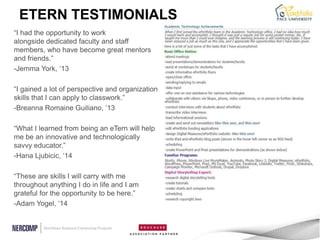 ETERN TESTIMONIALS
“I had the opportunity to work
alongside dedicated faculty and staff
members, who have become great mentors
and friends.”
-Jemma York, „13

“I gained a lot of perspective and organization
skills that I can apply to classwork.”
-Breanna Romaine Guiliano, „13

“What I learned from being an eTern will help
me be an innovative and technologically
savvy educator.”
-Hana Ljubicic, „14

“These are skills I will carry with me
throughout anything I do in life and I am
grateful for the opportunity to be here.”
-Adam Yogel, „14
 