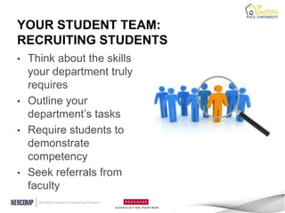 YOUR STUDENT TEAM:
RECRUITING STUDENTS
• Think about the skills
  your department truly
  requires
• Outline your
  department‟s tasks
• Require students to
  demonstrate
  competency
• Seek referrals from
  faculty
 