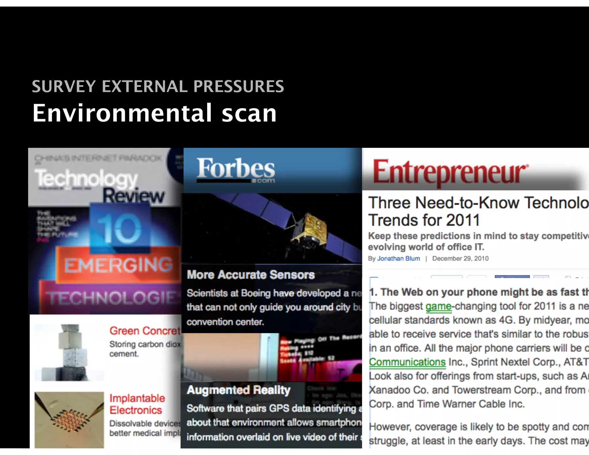 SURVEY EXTERNAL PRESSURES
Environmental scan
 