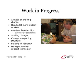 Work in Progress
 • Attitude of ongoing
   change
 • Hired a lot more student
   workers
 • Assistant Director hired
     – Stabilized job descriptions
 • Staffing changes
 • Change in reporting
   structure
 • Building in flexibility
 • HelpSpot & other
   support technology



NERCOMP 2012 | 11
 