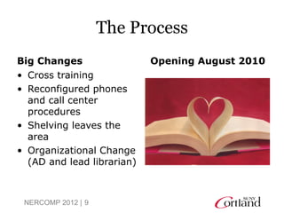 The Process
Big Changes                 Opening August 2010
• Cross training
• Reconfigured phones
  and call center
  procedures
• Shelving leaves the
  area
• Organizational Change
  (AD and lead librarian)



 NERCOMP 2012 | 9
 