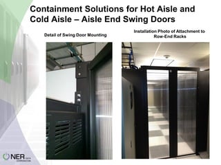 Containment Solutions for Hot Aisle and
Cold Aisle – Aisle End Swing Doors
Detail of Swing Door Mounting

Installation Photo of Attachment to
Row-End Racks

 