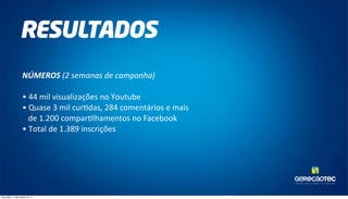 TAL ENTOS PARA O MUNDO DA TECNOLOGIA. 
RESULTADOS 
NÚMEROS 
(2 
semanas 
de 
campanha) 
• 
44 
mil 
visualizações 
no 
Youtube 
• 
Quase 
3 
mil 
cur8das, 
284 
comentários 
e 
mais 
de 
1.200 
compar8lhamentos 
no 
Facebook 
• 
Total 
de 
1.389 
inscrições 
terça-feira, 14 de outubro de 14 
 