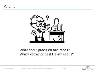 And ...




                  
                    What about precision and recall?
                  
                    Which extractor best fits my needs?



24 October 2011       Workshop on Web Scale Knowledge Extraction (WEKEX'11)   - 5/21
 