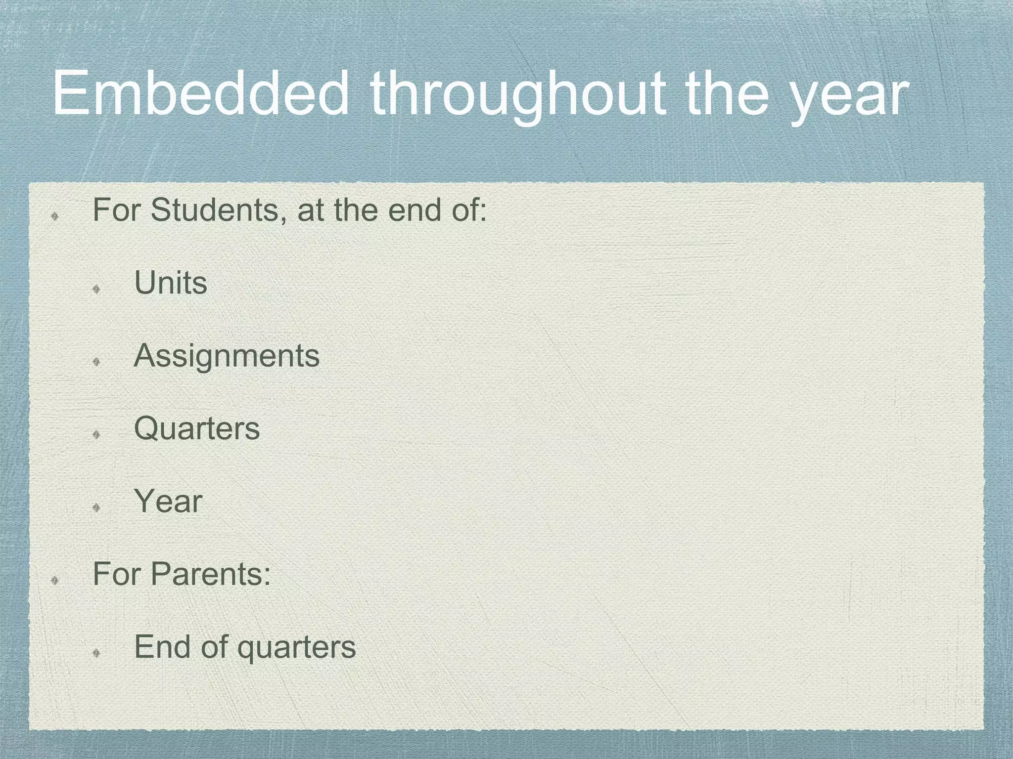 For Students, at the end of:
Units
Assignments
Quarters
Year
For Parents:
End of quarters
 