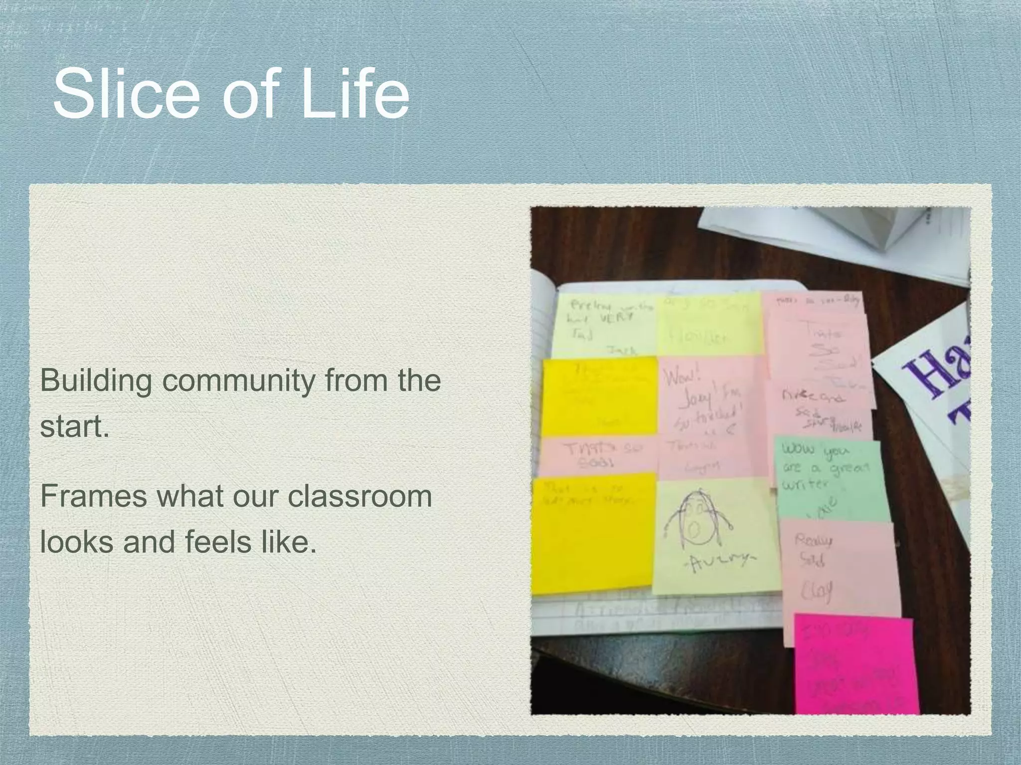 Building community from the
start.
Frames what our classroom
looks and feels like.
 