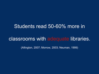 Students read 50-60% more in
classrooms with adequate libraries.
(Allington, 2007; Morrow, 2003; Neuman, 1999)
 