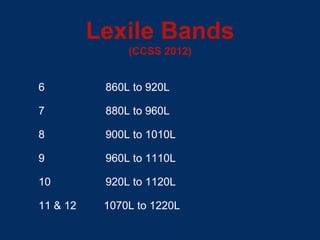 Lexile Bands
(CCSS 2012)
6 860L to 920L
7 880L to 960L
8 900L to 1010L
9 960L to 1110L
10 920L to 1120L
11 & 12 1070L to 1220L
 