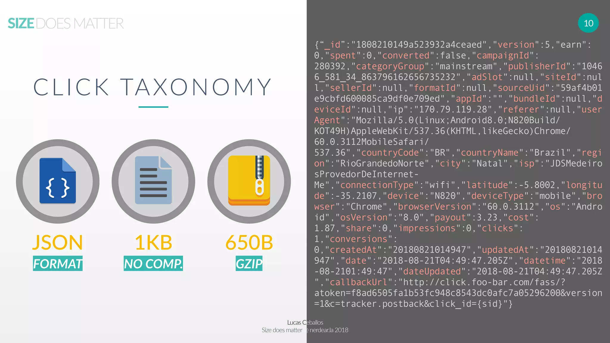 Lucas Ceballos
Size does matter@ nerdear.la 2018
SIZEDOESMATTER 10
{“_id”:"1808210149a523932a4ceaed","version":5,"earn":
0,"spent":0,"converted":false,"campaignId":
280392,"categoryGroup":"mainstream","publisherId":"1046
6_581_34_863796162656735232","adSlot":null,"siteId":nul
l,"sellerId":null,"formatId":null,"sourceUid":"59af4b01
e9cbfd600085ca9df0e709ed","appId":"","bundleId":null,"d
eviceId":null,"ip":"170.79.119.28","referer":null,"user
Agent":"Mozilla/5.0(Linux;Android8.0;N820Build/
KOT49H)AppleWebKit/537.36(KHTML,likeGecko)Chrome/
60.0.3112MobileSafari/
537.36","countryCode":"BR","countryName":"Brazil","regi
on":"RioGrandedoNorte","city":"Natal","isp":"JDSMedeiro
sProvedorDeInternet-
Me","connectionType":"wifi","latitude":-5.8002,"longitu
de":-35.2107,"device":"N820","deviceType":"mobile","bro
wser":"Chrome","browserVersion":"60.0.3112","os":"Andro
id","osVersion":"8.0","payout":3.23,"cost":
1.87,"share":0,"impressions":0,"clicks":
1,"conversions":
0,"createdAt":"20180821014947","updatedAt":"20180821014
947","date":"2018-08-21T04:49:47.205Z","datetime":"2018
-08-2101:49:47","dateUpdated":"2018-08-21T04:49:47.205Z
","callbackUrl":"http://click.foo-bar.com/fass/?
atoken=f8ad6505fa1b53fc948c8543dc0afc7a05296200&version
=1&c=tracker.postback&click_id={sid}"}
CLICK TAXONOMY
JSON
FORMAT
1KB
NO COMP.
650B
GZIP
 