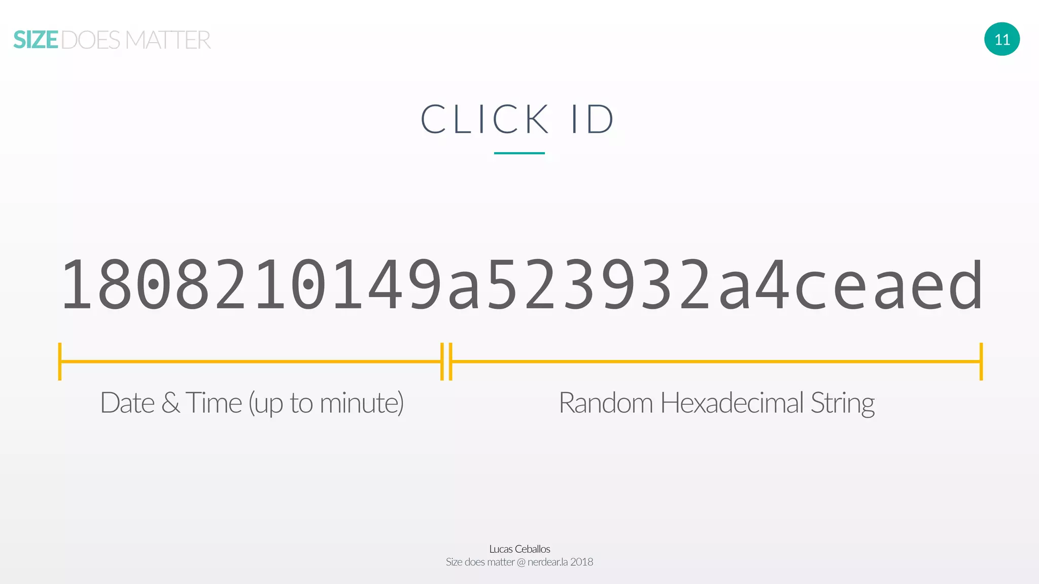 Lucas Ceballos
Size does matter@ nerdear.la 2018
SIZEDOESMATTER 11
1808210149a523932a4ceaed
CLICK ID
Date &Time (up to minute) Random Hexadecimal String
 