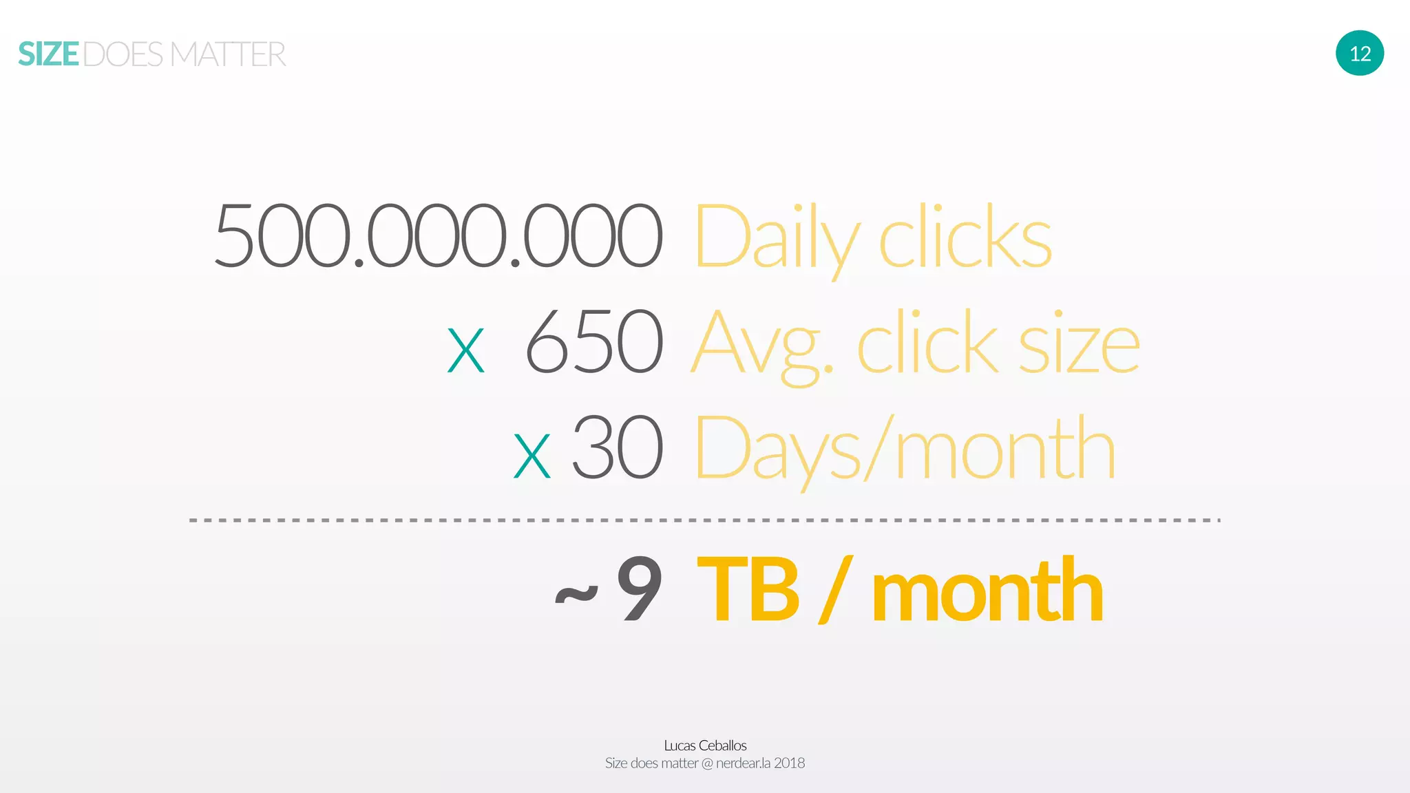 Lucas Ceballos
Size does matter@ nerdear.la 2018
SIZEDOESMATTER 12
500.000.000
x 650
x 30
Dailyclicks
Avg. click size
Days/month
~9 TB/month
 