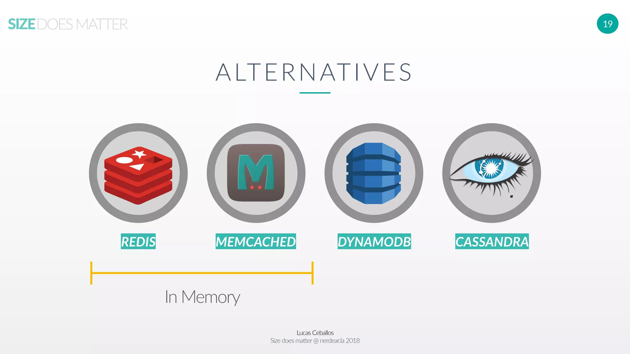 Lucas Ceballos
Size does matter@ nerdear.la 2018
SIZEDOESMATTER 19
ALTERNATIVES
REDIS MEMCACHED DYNAMODB CASSANDRA
In Memory
 