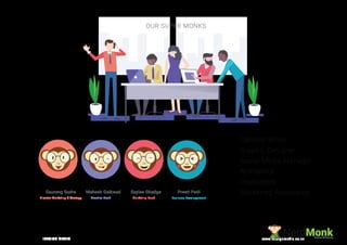 Business DevelopementMarketing HeadCreative HeadDirector-Marketing & Strategy
OUR SUPER MONKS
IDESIGN MEDIA www.idesignmedia.co.nz
Content Writer
Graphic Designer
Social Media Manager
Animators
Developers
Marketing AssociatesGaurang Sudra Mahesh Gaikwad Saylee Ghadge Preeti Patil
NerdMonkCreative Ad Agency
 