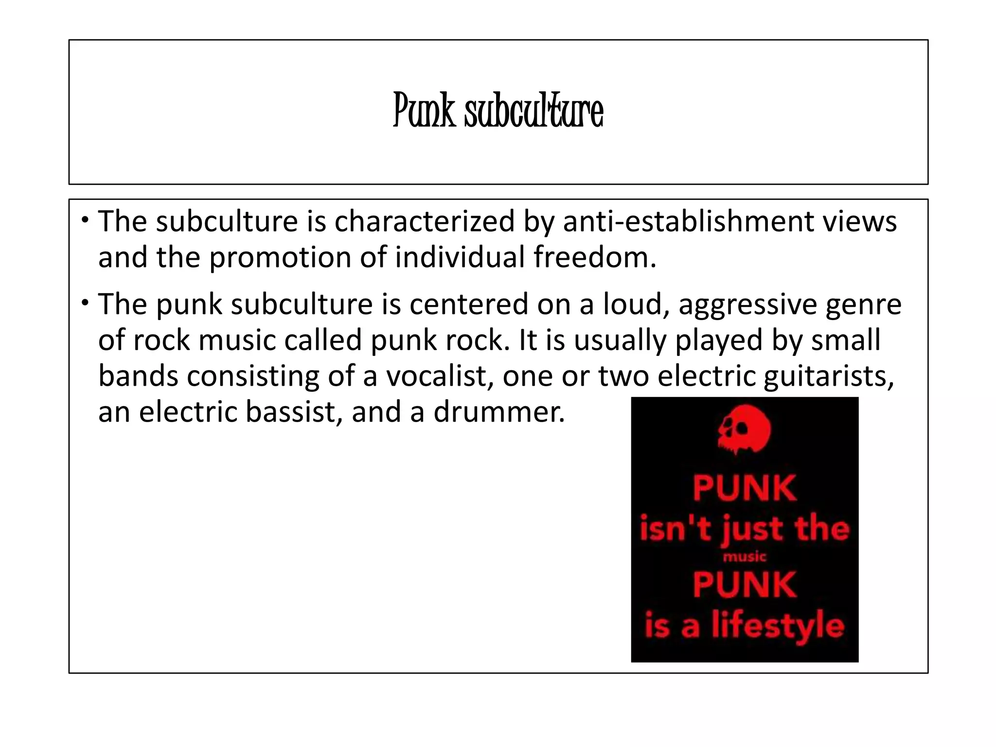 Punk subculture
The subculture is characterized by anti-establishment views
and the promotion of individual freedom.
The punk subculture is centered on a loud, aggressive genre
of rock music called punk rock. It is usually played by small
bands consisting of a vocalist, one or two electric guitarists,
an electric bassist, and a drummer.