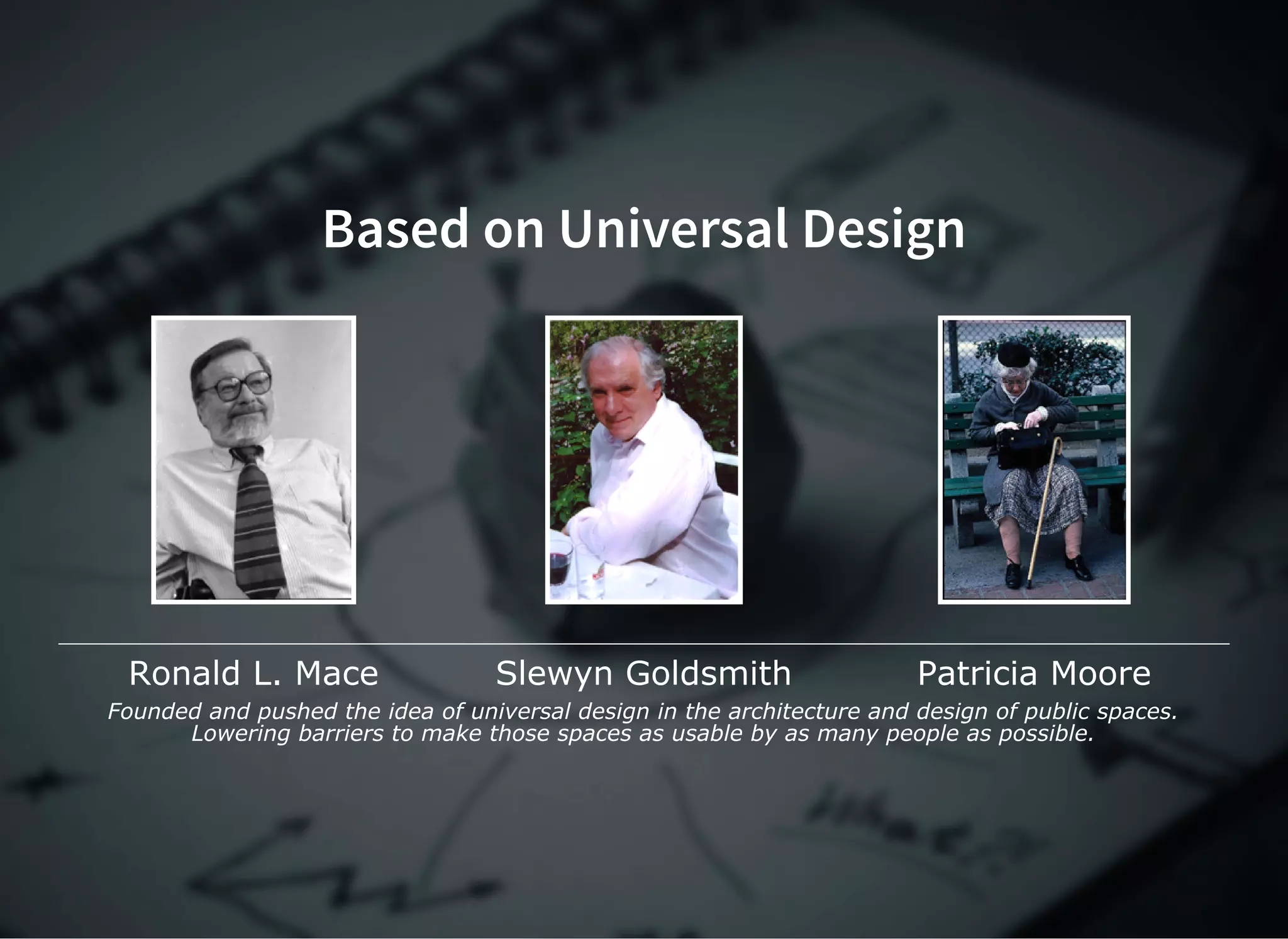 Based on Universal Design
Ronald L. Mace Slewyn Goldsmith Patricia Moore
Founded and pushed the idea of universal design in the architecture and design of public spaces.
Lowering barriers to make those spaces as usable by as many people as possible.
 
