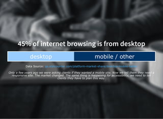 45% of internet browsing is from desktop
desktop mobile / other
Data Source: gs.statcounter.com/platform­market­share/desktop­mobile­tablet
Only a few years ago we were asking clients if they wanted a mobile site. Now we tell them they need a
responsive site. The market changed. The same thing is happening for accessibility, we need to tell
clients they have to plan this way.
 