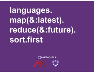 languages.
map(&:latest).
reduce(&:future).
sort.first
languages.
map(&:latest).
reduce(&:future).
sort.first
@akitaonrails@akitaonrails
 