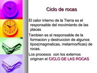 Ciclo de rocasCiclo de rocas
El calor interno de la Tierra es elEl calor interno de la Tierra es el
responsable del movimiento de lasresponsable del movimiento de las
placasplacas
Tambien es el responsable de laTambien es el responsable de la
formacion y destruccion de algunosformacion y destruccion de algunos
tipos(magmaticas, metarmorficas) detipos(magmaticas, metarmorficas) de
rocas.rocas.
Los procesos con los externosLos procesos con los externos
originan eloriginan el CICLO DE LAS ROCASCICLO DE LAS ROCAS
 