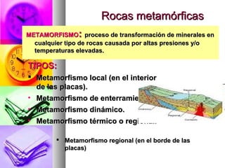 Rocas metamórficasRocas metamórficas
TIPOS:TIPOS:
 Metamorfismo local (en el interiorMetamorfismo local (en el interior
de las placas).de las placas).
• Metamorfismo de enterramiento.Metamorfismo de enterramiento.
• Metamorfismo dinámico.Metamorfismo dinámico.
• Metamorfismo térmico o regional.Metamorfismo térmico o regional.
 Metamorfismo regional (en el borde de lasMetamorfismo regional (en el borde de las
placas)placas)
METAMORFISMOMETAMORFISMO:: proceso de transformación de minerales enproceso de transformación de minerales en
cualquier tipo de rocas causada por altas presiones y/ocualquier tipo de rocas causada por altas presiones y/o
temperaturas elevadas.temperaturas elevadas.
 